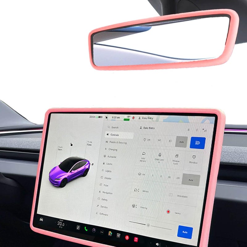 Yeapop 2Pcs Silicone Protector Frames of Screen and Rear View Mirror for Tesla Model 3 2024 Highland and Model Y 2025 Juniper. (Pink) - Image 1